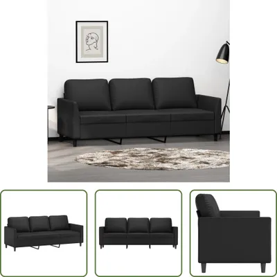 A collage of images showing a black three-seater sofa from different angles, including a lifestyle shot in a room and close-ups.