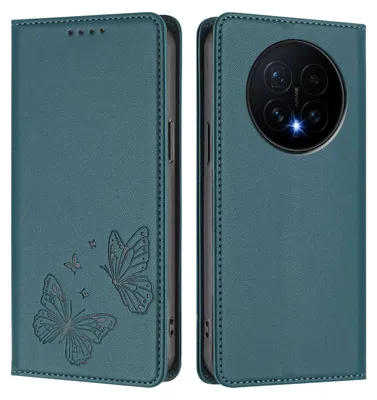 Image de Étui en cuir pour Honor Magic8, motif papillon, étui à rabat avec porte-appareil, vert
