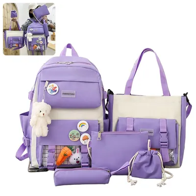 Produktbild von Schulrucksäcke, 5-teiliges Rucksackset, süße Schultasche mit ästhetischer Schultasche, Rucksackset für Jugendbedarf und Zubehör, Lila, 5er-Pack