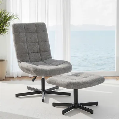 Image de Fauteuil inclinable avec repose-pieds, réglable en hauteur et inclinable, revêtement en velours, base à 5 branches, dimensions 66x80x93-104 cm, couleur gris