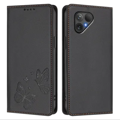 Obrázek produktu pro Kožené pouzdro pro Fairphone 5, motýlí ražbou, peněženkové flip pouzdro se stojánkem Černá