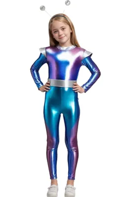Produktbild von Kinder Alien Kostüm Mädchen Metallic Jumpsuit mit Kopfschmuck Gr 164 Cm – Space Girl Astronautin Weltraum Karneval Fasching Halloween Party