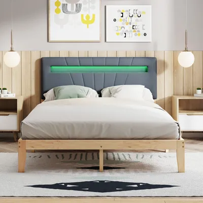 Produktbild von Merax posteľ z masívu Manželská posteľ 140x200 cm s LED a lamelovým roštom, borovicová detská posteľ Posteľ pre mladých s čalúneným čelom, prírodná