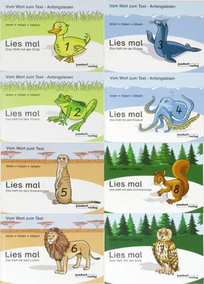 A collage of eight book covers, each featuring a cartoon animal and a number, with German text.