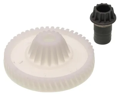 Two gears, one large and white, the other small and dark gray, are shown against a white background.