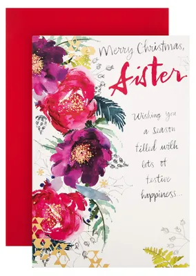 Productafbeelding van Kerstkaart voor zus met aquarel bloemenontwerp