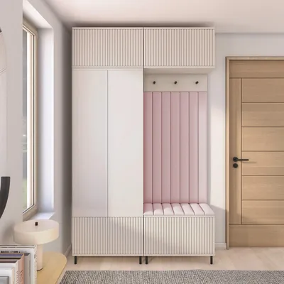 Produktbild von Garderoben-Set Ritmo Version 2 – gefräster Kleiderschrank mit hohen Füßen, Schuhschrank, Hängeschrank für den Flur (cashmere, Trinity 19)