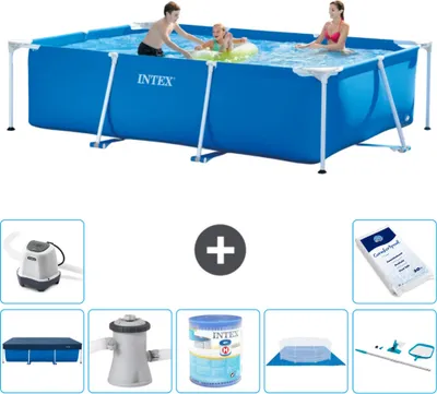 Produktbild von Intex-Schwimmbecken mit rechteckigem Rahmen – 300 x 200 x 75 cm – Blau – im Lieferumfang enthalten Abdeckung - Filterpumpe für Schwimmbad - Filter - Bodenplane - Reinigungskit - Salzwassersystem