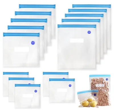 Produktbild von 15 Vakuumbeutel Lebensmittel Wiederverwendbar, 3 Größen, Sous Vide, mit 4 Clips