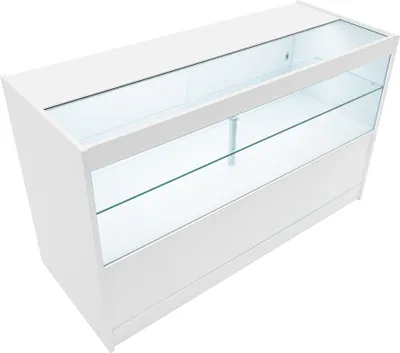 Produktbild von Weiße LED-Ladentheke C1500 – Abschließbare Schiebetüren I 2 Schlüssel – Verkaufs- & Aufbewahrungseinheit mit Glasvitrine – Empfangstresen für Kleidung und Schmuck – 3 Regale – Kaltweiße Beleuchtung