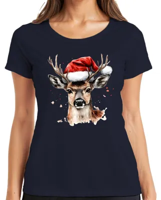Zdjęcie produktu dla Reindeer Santa Hat Watercolour Christmas Gift Funny Vintage Ladies T-Shirt, Granatowy, XL