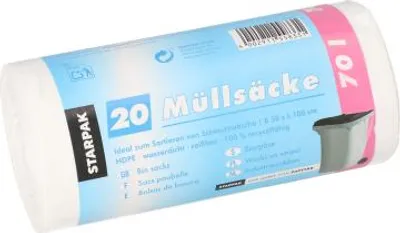 Zdjęcie produktu dla 500 worków na śmieci, HDPE 70 l 100 cm x 58 cm biały