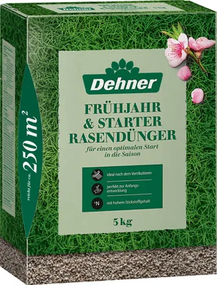Produktbild von Dehner Frühjahr- und Starter-Rasendünger, hoher Stickstoffanteil für frisches Grün nach dem Winter, unterstützt Wurzelbildung / tiefgrünes Wachstum, ideal nach dem Vertikutieren, 5 kg für ca. 250 m²