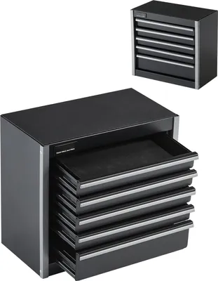Zdjęcie produktu dla Metalowa skrzynka narzędziowa SucceBuy, 22 cm, przenośna, z 5 szufladami, wytrzymała stal, wyściółka z pianki EVA, nóżki z PP, otwieranie na łożyskach kulkowych, malowana proszkowo, czarna