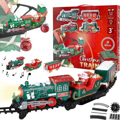 Produktbild von Weihnachtszug für Tannenbaum Ø80cm Kunststoff Licht Sound Lokomotive 3 Waggons batteriebetrieben