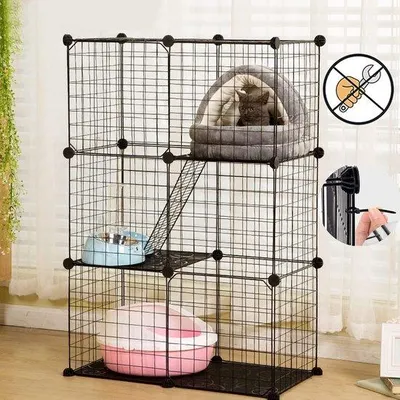 Obrázek produktu pro Klec pro kočky Famanu se 3 úrovněmi, venkovním výběhem, rozměry 109 x 75 x 39 cm, černá barva, pro venkovní použití, kovová