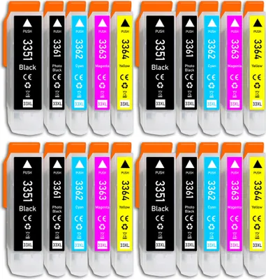 A collection of ink cartridges arranged in two rows.