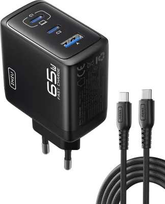 Zdjęcie produktu dla Ładowarka USB-C INIU, 65W, 3 porty, szybkie ładowanie laptopów, z kablem 1,5m