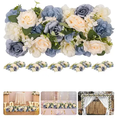 Immagine prodotto di Set da 6 guirlande di fiori artificiali - Ghianda di fiori di seta - Decorazioni per arco e sfondo nuziale - Tovaglia per matrimoni e feste - Champagne + Blu