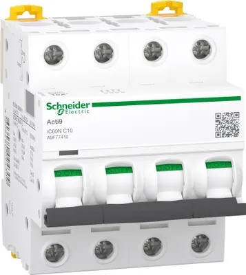 Image de Acti9 iC60N - Disjoncteur - 4P - 10A - Courbe C - 400Vca - 6000A/10kA - SCHNEIDER ELECTRIC - A9F77410