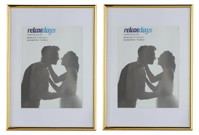 Zdjęcie produktu dla Zestaw 2 ramek na zdjęcia Relaxdays, 20 x 30 cm, passe-partout 15 x 20 cm, szklana szybka, ramki do postawienia lub zawieszenia, złote