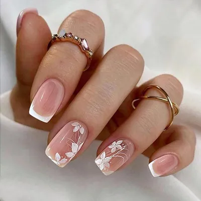 Immagine prodotto di Unghie corte rosa press on French tip flower design 24 pezzi