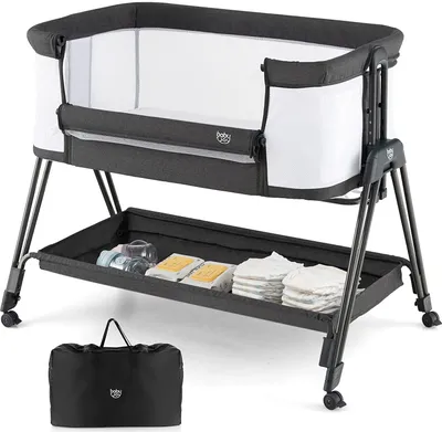 Produktbild von COSTWAY 2 in 1 Beistellbett & Stubenwagen klappbar, tragbare Babybett mit 7 verstellbaren Höhen & Matratze & Tragetasche & Gurte, verstellbare Reisebett für Neugeborene bis 6 Monate (Dunkelgrau)
