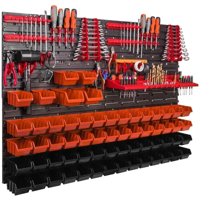 Immagine prodotto di Pannello portautensili - Parete portautensili - 115 x 78 cm - 62 contenitori - Montaggio a parete - Ideale per garage e officina