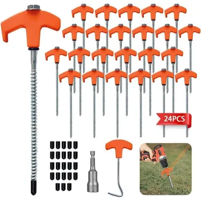 Image de Piquets à visser pour camping, lot de 24, 20 cm, acier, couleur orange, avec embout et tournevis