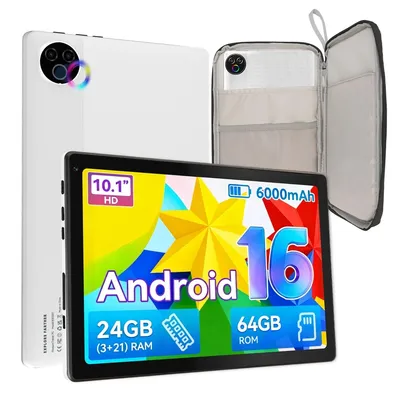 Image de Tablette JENBIZZ, écran 10,1 pouces, 24 Go de RAM (3 Go + 21 Go), 64 Go de stockage, Android 16, port Type-C, batterie 6000 mAh, avec étui noir
