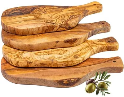 Produktbild von Unyqoos® Olivenholz Schneide- & Servierbrett-Set (4 Stück) – handgefertigt, ca. 28 x 13 cm, mediterranes Olivenholz, geölt mit lebensmittelechtem Mineralöl