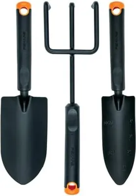 Produktbild von Gartenwerkzeuge-Set, 3-teilig, Blumenrechen, Blumenkelle, Pflanzkelle, Rostfreier Stahlkopf/Kunststoff-Griff, Schwarz/Orange, Ergo, 1027681