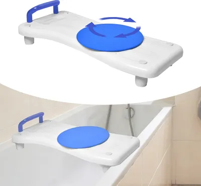 A bath board with a rotating seat, shown both in isolation and placed across a bathtub.