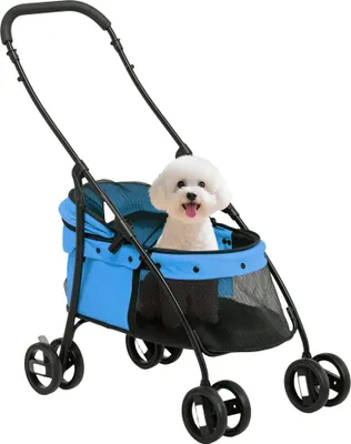 Image de Poussette pour chien - Poussette pliable - Pour petits chiens - Fenêtre en filet - Coussin lavable - Ceintures de sécurité et cadre en acier - 82 × 47 × 97 cm - Bleu