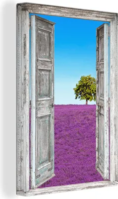 Produktbild von OneMillionCanvasses® - Leinwandbilder - 90x140 cm, Blumen - Lavendel - Ansicht, - Geöffnetes Fenster - Fensterblick Schlafzimmer Kunstdruck Wanddekoration - Foto auf Leinwand - Gemälde auf Holzrahmen  - Wandschmucke - Schlafzimmer