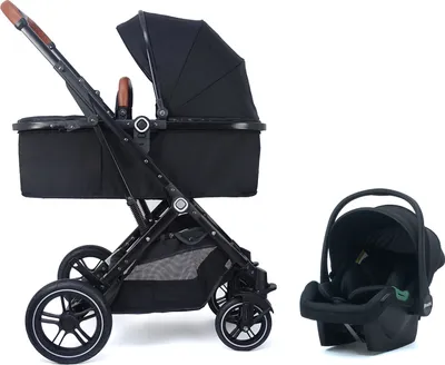 A black stroller and a black car seat are displayed against a white background.