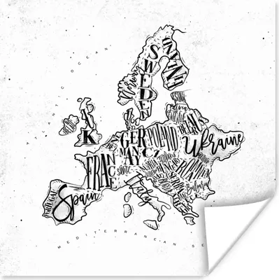 Produktbild von MuchoWow® Poster Karte - Europa - Schwarz - Weiß 100x100 cm - Babyzimmer