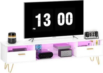 Image de Meuble TV avec LED RGB de 16 couleurs meuble tšŠlšŠ pour tšŠlšŠviseur jusqu'š€ 42 š€ 120 pouces, 160x35x42cm, blanc