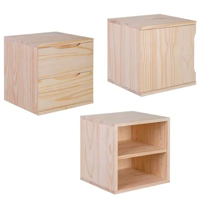 Produktbild von Regalwürfel aus Kiefernholz 32,5 x 32,5 x 30 cm, Würfelregal für Bücher, Deko und Kleinteile - Variante: Schubladen