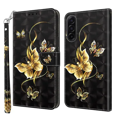 Produktbild von CLM-Tech Handyhülle kompatibel mit Samsung Galaxy A17 5G Hülle - Tasche aus Kunstleder - Klapphülle mit Ständer und Kartenfächern - Schutzhülle Wallet Case Cover goldene Schmetterlinge schwarz