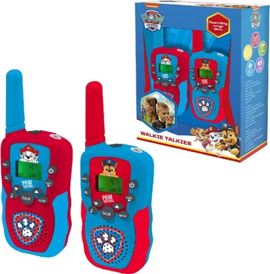 A product shot of Paw Patrol walkie-talkies in their packaging, with two walkie-talkies visible outside the box.