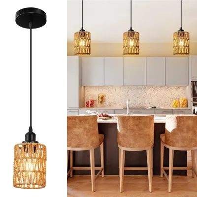 Produktbild von Pendelleuchte Rattan Boho Pendelleuchte 1-flammig mit LED Glühbirne Hängeleuchte Höhenverstellbar für Küche, Esszimmer, Wohnzimmer