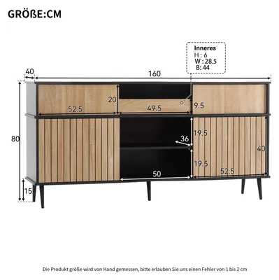 Produktbild von Sideboard - Wohnzimmerschrank - 4 Schiebetüren - 1 Schublade - 160 × 40 × 80 cm - Spanplatte - Schwarz und Natur