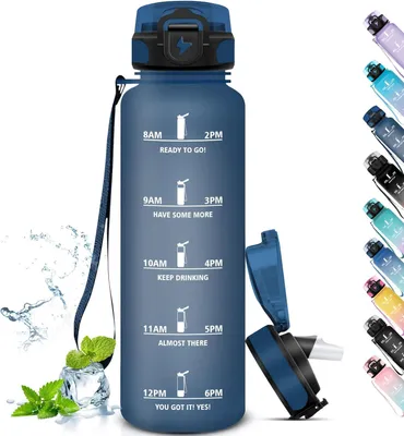 Obrázok produktu pre Fľaša na pitie 1 liter, námornícka modrá, nepretekajúca s brčkom, pre šport a outdoor