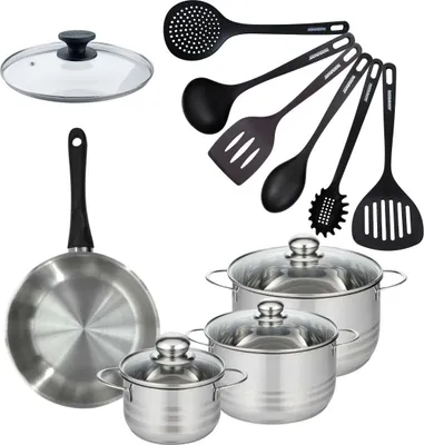 Image de Batterie de cuisine 1 poêle 24 cm et couvercle, 3 faitouts 16/20/24 cm et 6 ustensiles de cuisine Fackelmann Geneva