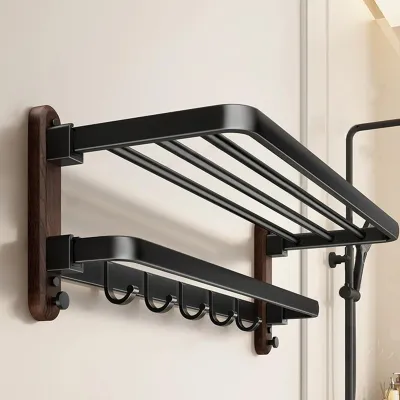 Image de Porte-serviettes mural sans perçage, noir, étagère murale de salle de bain avec 5 crochets pour serviettes, porte-serviettes de cuisine