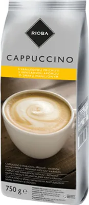 A bag of cappuccino powder with a cup of prepared cappuccino shown.