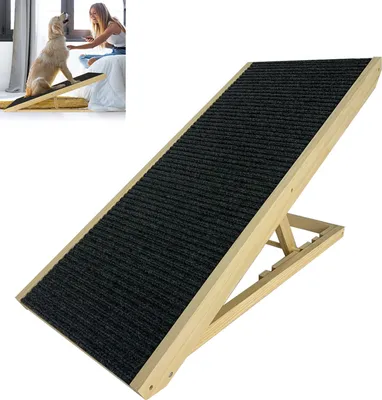 Produktbild von JOIEYOU Hunderampe 60cm Hundetreppe Holz Faltbar Höhenverstellbar Haustiertreppe mit Rutschfester Trittmatte Hunde Treppen für Bett Sofa, 100x40x60cm