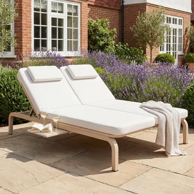 Produktbild von Flieks Doppelliege Gartensofa, Gartenliege 5-stufig Verstellbar, Sonnenliege Sonneninsel mit ausziehbarer Ablage und verstellbaren Kopfstütze, Beige