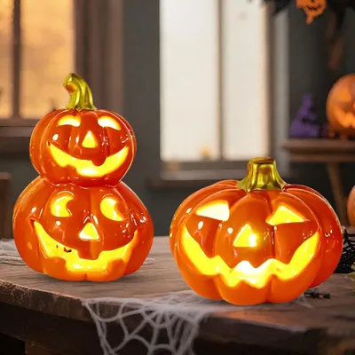 Produktbild von Herbstdekoration: Kürbislaterne, Halloween-Kürbis mit Beleuchtung, LED-Dekoration für den Außenbereich, Keramik-Kürbislampe, für Innen- und Außenbereich, warmweißes LED-Licht